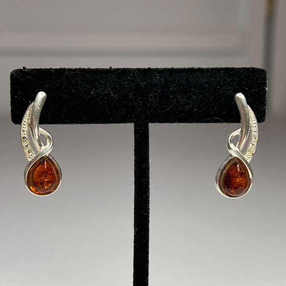 Sterling Silver 925 Cognac Baltic Amber Earrings With Cubic Zirconia Accents - Picture 4 of 11